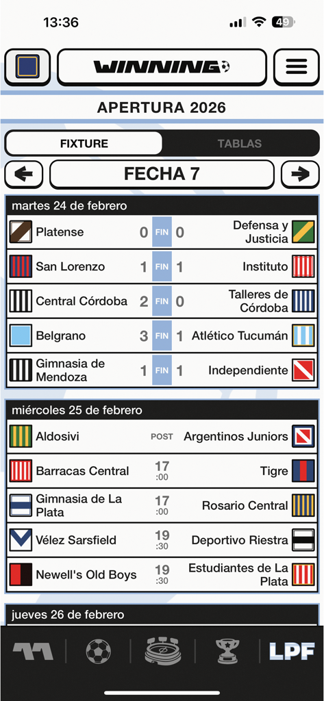 Winning Argentina - Winning Argentina app screenshot showing match fixtures and live scores for the Argentine soccer league