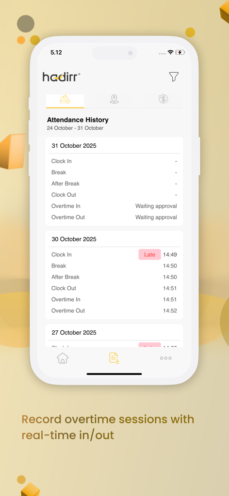 Hadirr mobile app interface showing attendance history with clock in clock out and overtime tracking