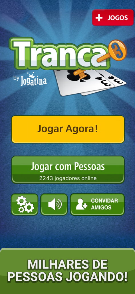 Tranca Jogatina Jogo de Cartas - Home screen of the Tranca Jogatina card game app showing play buttons and online player count