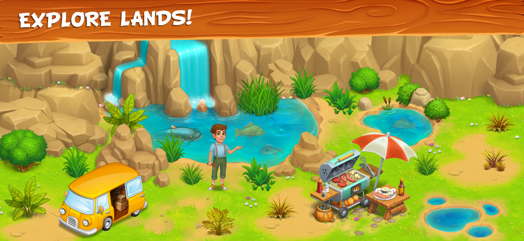 Farm Town - Family Farming Day - Character standing by a waterfall and fishing pond in the Farm Town game scene labeled Explore Lands