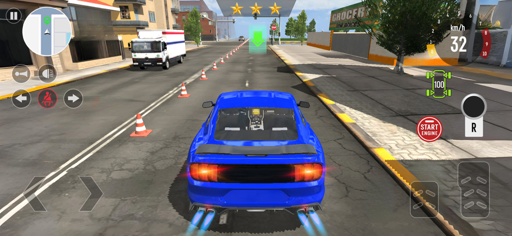 Real Car Driving: School Game - Gameplay of Real Car Driving School Game featuring a blue sports car driving on a suburban city street with on-screen driving controls and traffic cones.