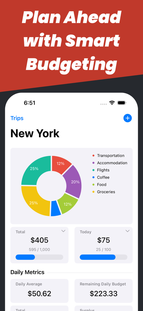 A travel expense tracker dashboard displaying a colorful donut chart and daily budget metrics for a trip to New York