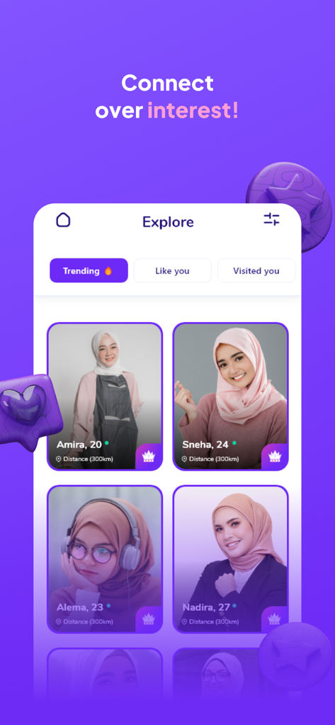 Explore screen of the Hijra Taaruf app displaying profiles of Muslim women for Islamic marriage matchmaking.
