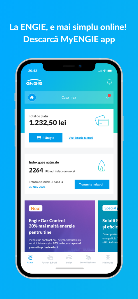 MyENGIE - Dashboard of the MyENGIE app showing utility bill payment status and natural gas meter reading section.