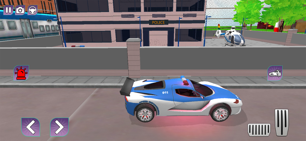 Sakura Cop Police Officer Game - 背景にヘリコプターがある警察署の前にいるアニメの警察スポーツカー。