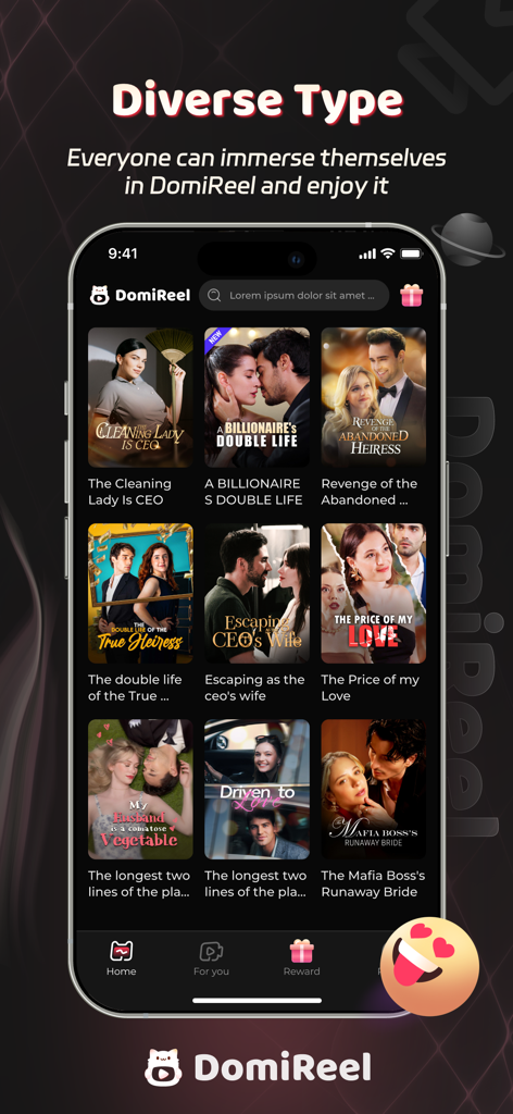 DomiReel-Short Dramas & Movies - DomiReelモバイルアプリのインターフェース。The Cleaning Lady Is CEOやA Billionaires Double Lifeなどのタイトルを含む、多様な短編ドラマシリーズのコレクションを表示しています。