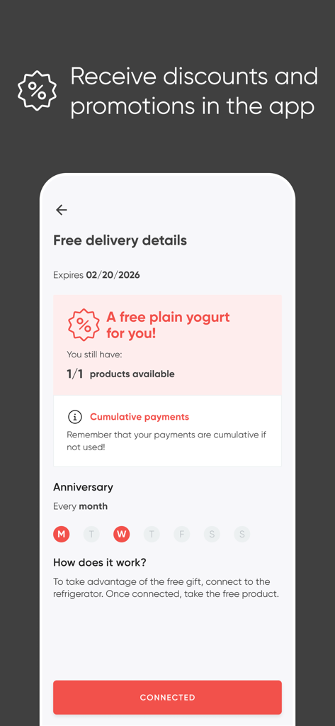 Argenta app screen showing a free yogurt promotion and exclusive discount details