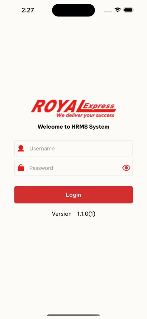 Royal Express HR - Pantalla de inicio de sesión para el sistema de gestión Royal Express HR