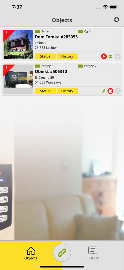 EBS Security - Dashboard of EBS Security app showing multiple monitored locations with status and history options