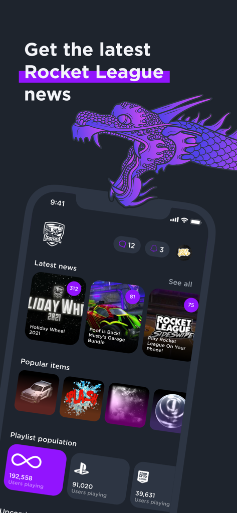 RL Garage app interface showing latest Rocket League news and live player population statistics