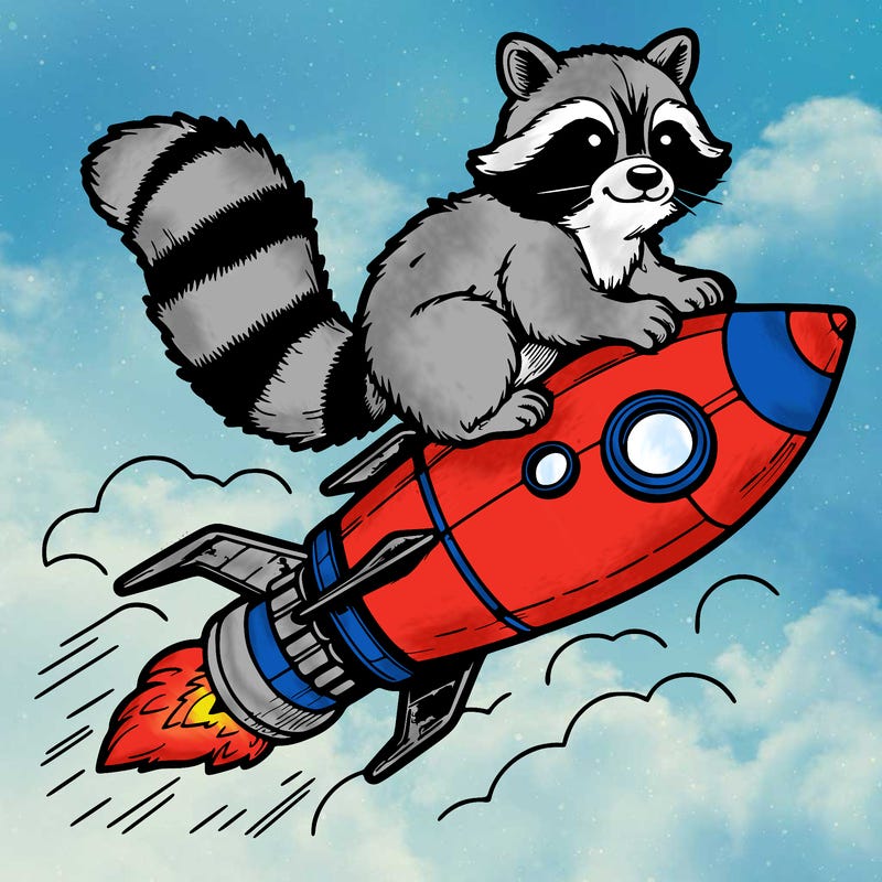 realistic raccoon flying on top rocket ship