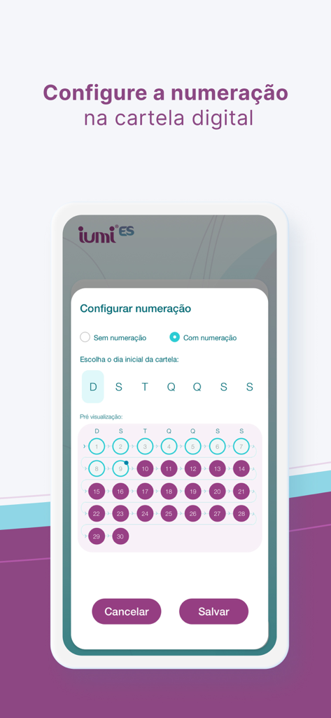 Iumi ES - Pantalla de la aplicación móvil Iumi ES para configurar la numeración del paquete de píldoras digital y el día de inicio