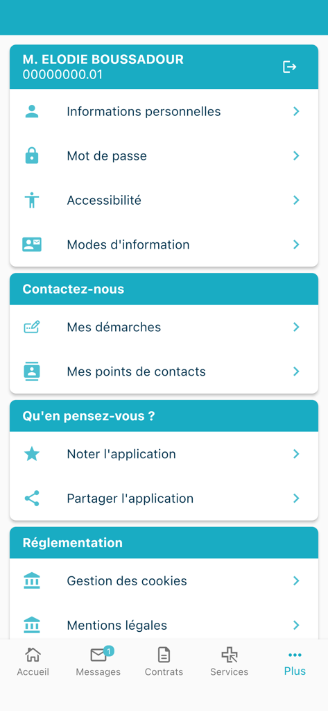 Écran des paramètres de l'application PRO BTP Santé affichant les informations du compte et les options de contact