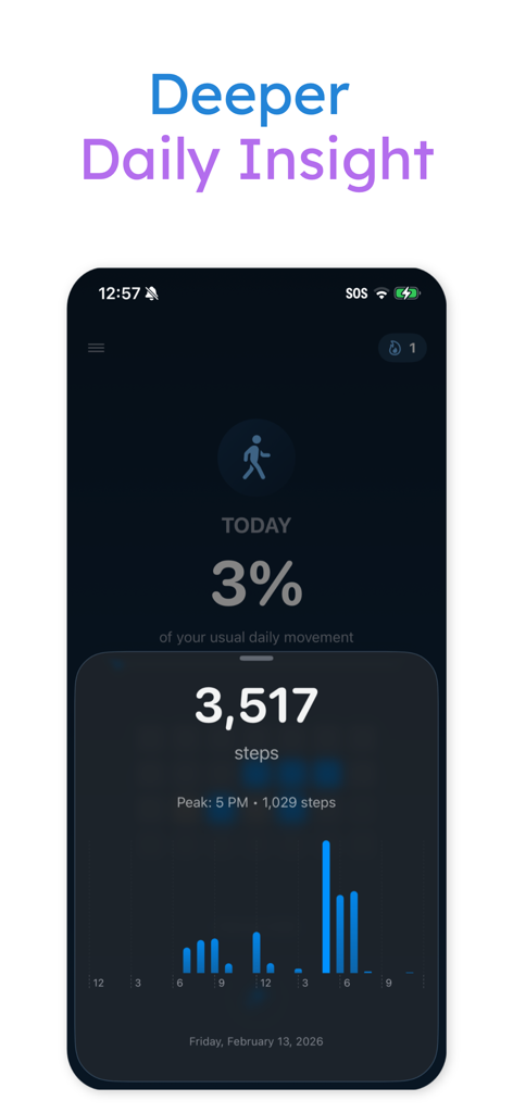Step Counter Move App: Step AI - Dashboard of the Step AI app displaying daily step count and an hourly activity bar chart.