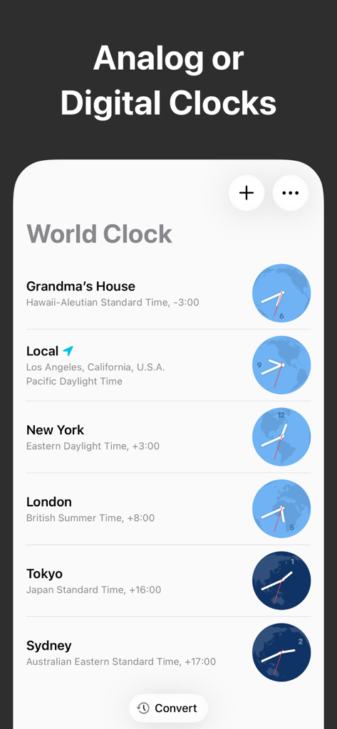 World Clock app interface displaying a list of cities with analog clock icons and local time zone information.