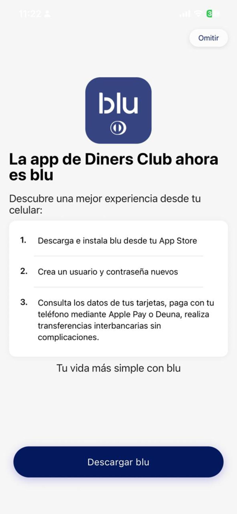 Announcement screen showing the migration from Diners Club app to the new blu app with download instructions