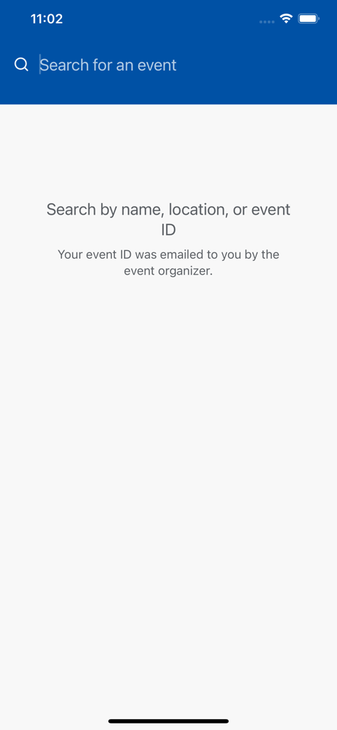 Search interface of the RBC MEET app to find events by name, location, or event ID.