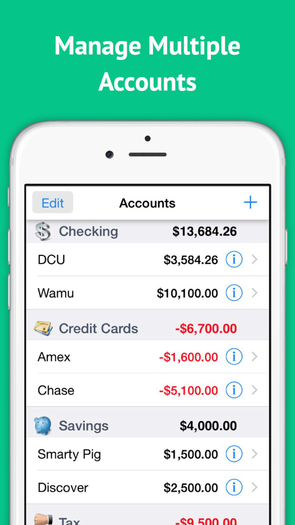 Checkbook Ledger app interface showing multiple account balances for checking savings and credit cards