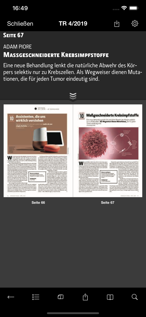 MIT Technology Review DE - Interface de l'application MIT Technology Review DE affichant une mise en page de magazine numérique avec des articles sur les vaccins contre le cancer et les assistants IA