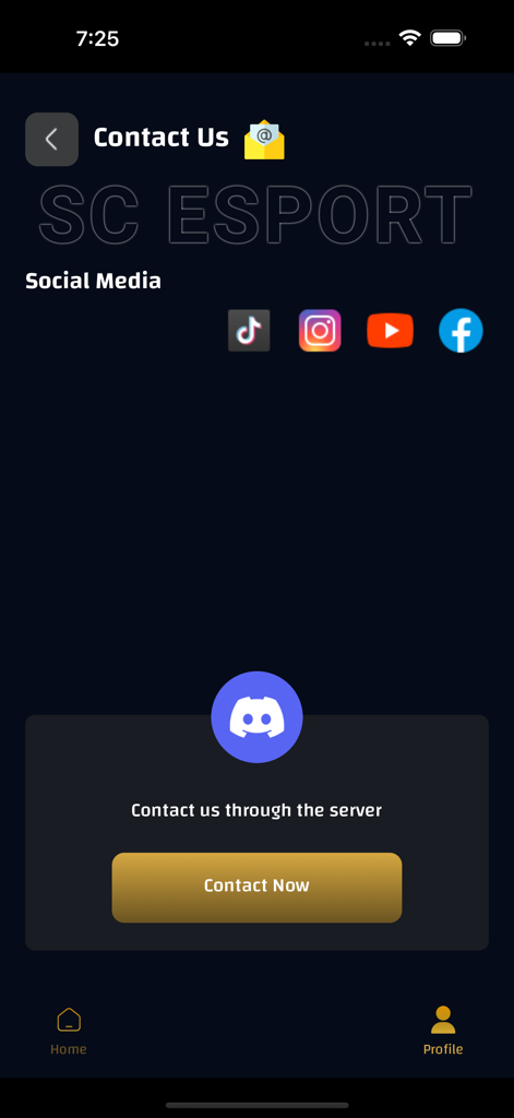 SC ESport - The Contact Us screen of the SC ESport app showing social media icons and a button to join the Discord server