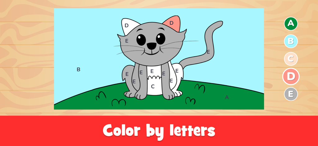 Coloring Pages: for Kids - A screenshot showing a color by letters activity with a cute cartoon cat in a coloring app for kids.