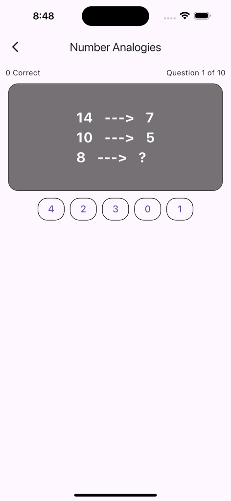COGAT Grade 3 - Ein Screenshot der COGAT 3. Klasse App, der eine Übungsfrage zu Zahlenanalogien mit Multiple-Choice-Optionen zeigt.