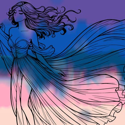 realistic woman in dress flowing the the wind