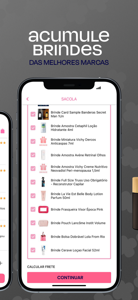 Schermata del carrello dell'app Epoca Cosmeticos che mostra un elenco di campioni di prodotti di bellezza gratuiti e regali delle principali marche