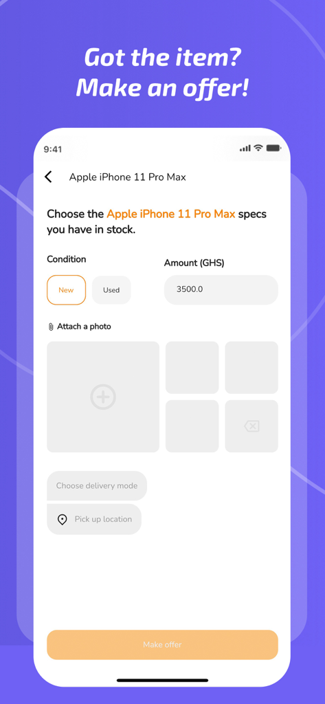 Pamo - Interface do aplicativo Pamo mostrando um vendedor fazendo uma oferta para um iPhone 11 Pro Max solicitado com campos de preço e condição