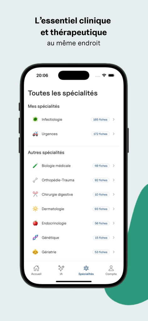 Pantalla de iPhone que muestra la lista de categorías de especialidades médicas en la aplicación clínica Notaview