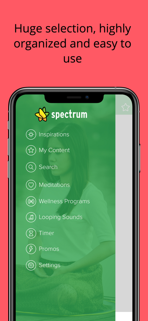 Spectrum Meditation - Spectrum Meditation 앱 탐색 메뉴에 웰빙 프로그램 및 루핑 사운드와 같은 카테고리가 표시됩니다.