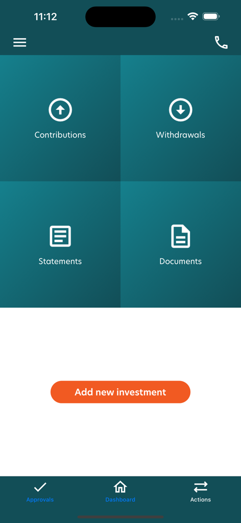 Alexforbes Invest - The main dashboard of the Alexforbes Invest app featuring shortcuts for contributions withdrawals statements and documents.