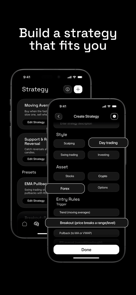 Mobile interface for building a custom trading strategy in the Profit AI app