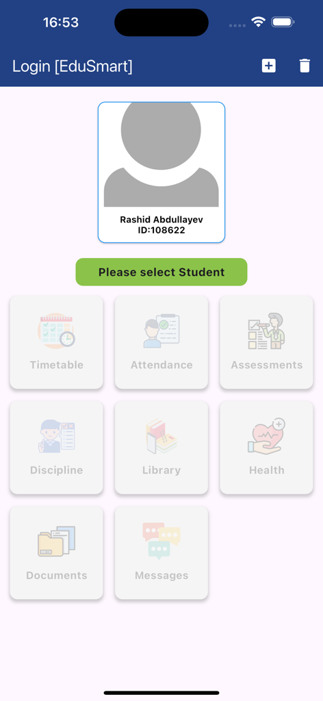 Oxbridge Academy Baku app student dashboard showing profile and educational icons
