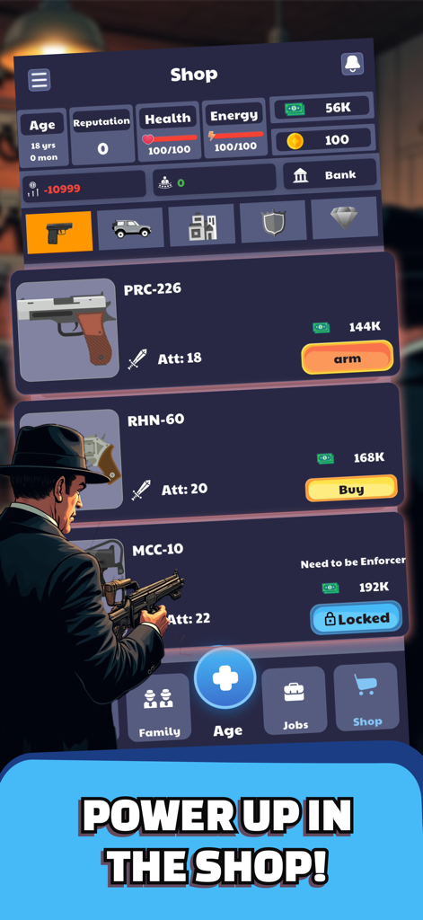 Weapon shop interface in Mafia Life Crime Boss showing guns and upgrades