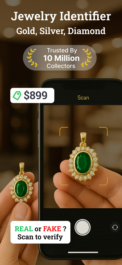 Jewelry Identifier: Gemstone ° - Pantalla de smartphone mostrando la aplicación Identificador de Joyas escaneando un colgante de esmeralda para autenticidad