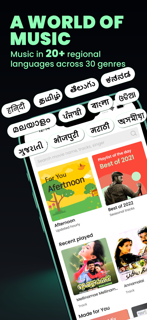 Raaga - Songs & Podcasts - Raaga app interface showcasing music in 20 plus regional Indian languages with curated playlists
