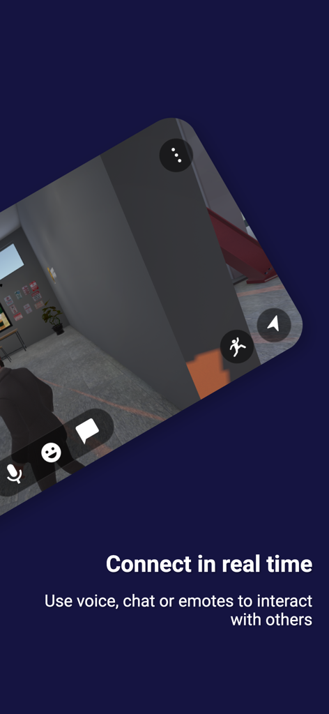 Metasteps - Metasteps mobile app interface showing voice chat and emote features for real-time interaction in a 3D space.
