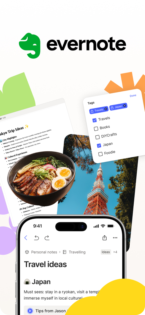 Evernote app interface showing organized travel notes and tagging for a trip to Japan.