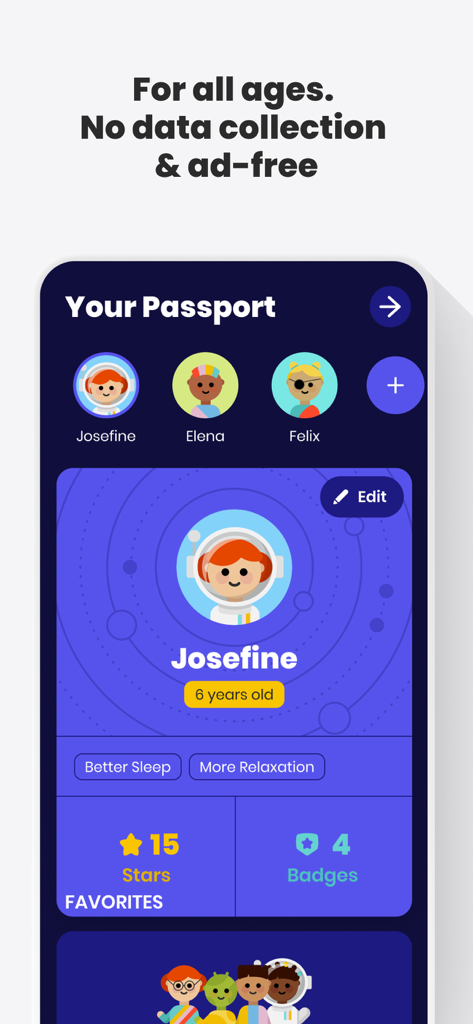 Aumio app profile screen showing stars and badges for a child user