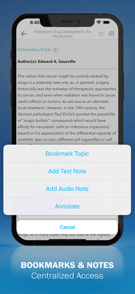 Cancer Pharmacology Manual - Pantalla de teléfono inteligente de la aplicación Manual de Farmacología Oncológica mostrando opciones para marcar temas, agregar notas de texto o audio y anotar contenido médico.