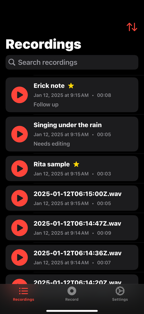 A list of saved audio recordings in the Audio Recorder Pro app showing file names, dates, and durations.