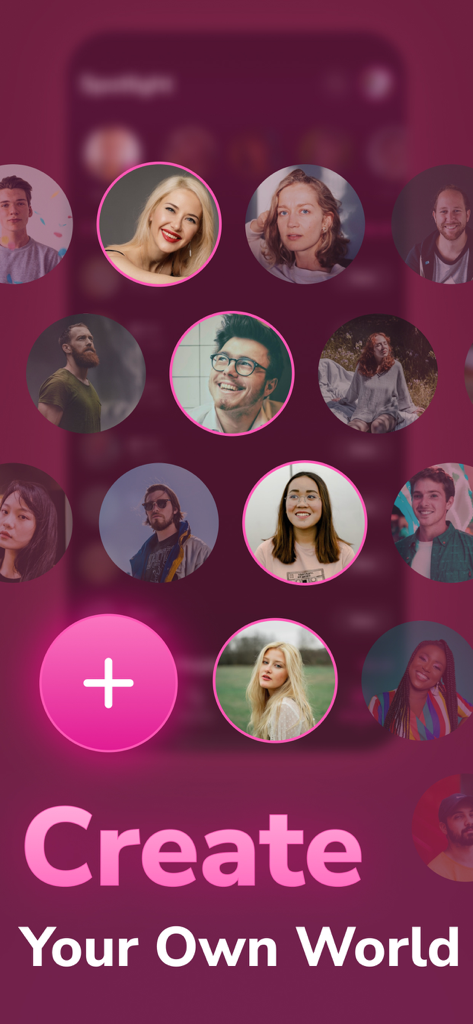 Pink Chat: Make New Friends - 핑크챗 앱 인터페이스에 다양한 사용자 프로필과 '나만의 세상 만들기'라는 텍스트가 표시되어 있습니다