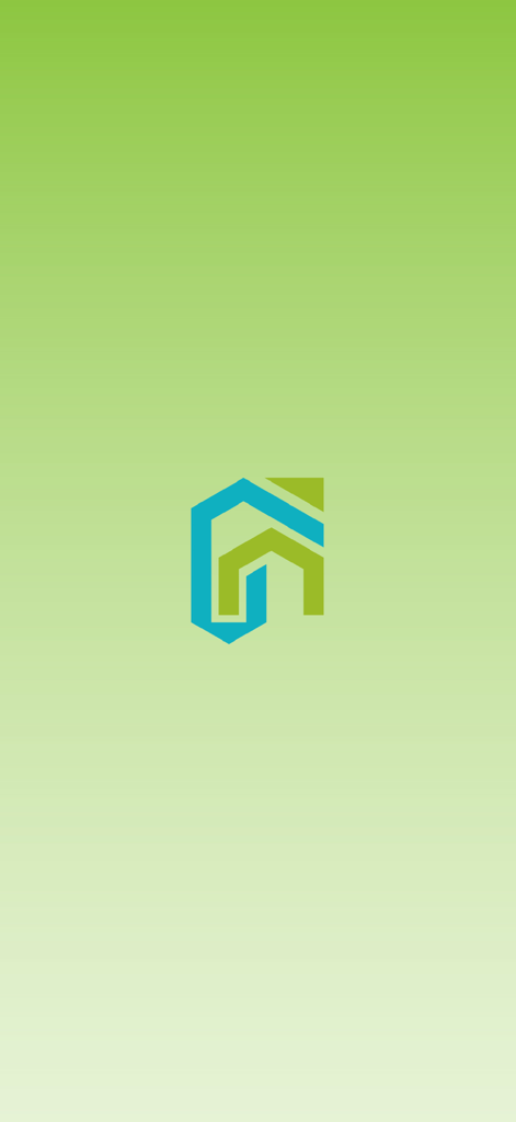 Real Estate Investor Connect app splash screen featuring a teal and lime green stylized house logo on a green gradient background.