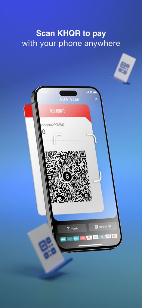 Pantalla de un smartphone escaneando un código KHQR para realizar un pago móvil usando la aplicación ABA Bank.