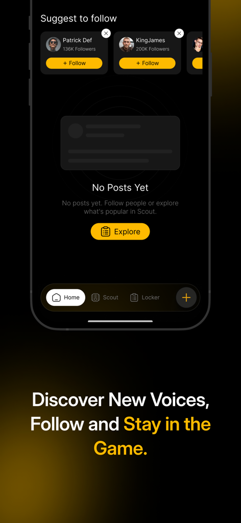 The LockerRoom App - A screenshot of The LockerRoom App showing suggestions to follow new sports voices and an explore button.
