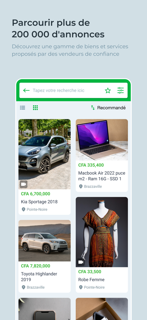Mobile interface of Jiji Congo app displaying various product listings like cars and electronics