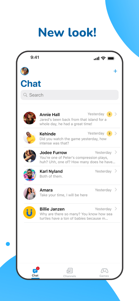 Messaging interface of the Ayoba super app displaying a list of user chats and contacts