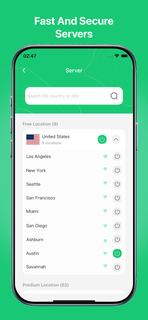 Fusvob VPN : Super VPN 2026⁺ - iPhone screenshot of Fusvob VPN showing a list of secure US server locations including New York and Los Angeles