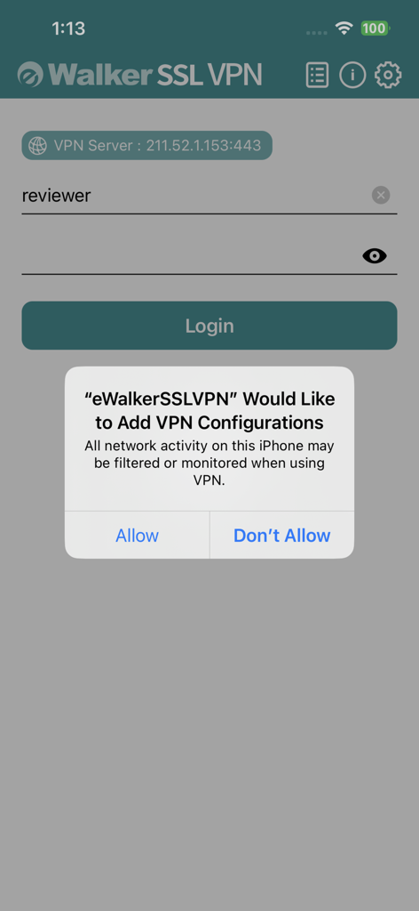 eWalker SSL VPN - iOS system prompt asking to add VPN configurations for the eWalker SSL VPN app